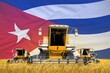 industrial 3D illustration of 4 orange combine harvesters on rye field with flag background, Cuba agriculture concept