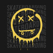 Skateboarding t-shirt design with smile that melts and dripping. Skateboard and smile print for tee shirt. Typography graphics for apparel on skate board theme. Vector illustration.