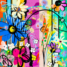 Abstract Background Composition With Flowers, Paint Strokes, Splashes And Geometric Lines