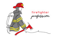 Fireman With Ax In Red Helmet And Uniform.One Continuous Line Art Drawing Vector Illustration Of Fireman