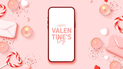 Wall Mural - Happy Valentine's Day holiday banner. Abstract composition for Valentine's Day. Vector illustration with smartphone, lollipops, envelopes, hearts, candles and confetti. Holiday smartphone mockup.