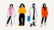 Street fashion look for girls. Young women dressed in stylish trendy oversized clothing. Models standing in various poses. Korean japanese asian cartoon style. Hand drawn Vector isolated illustrations