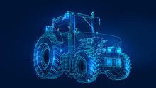 Polygonal 3d Tractor In Dark Blue Background. Online Cargo Delivery Service, Logistics Or Tracking App Concept. Abstract Vector Illustration Of Online Freight Delivery Service.