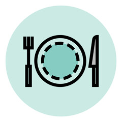 Sticker - Dinner place icon. Plate with fork and knife. Restaurant symbol