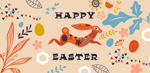 Wall Mural - Happy Easter vintage folk rabbit animal spring card