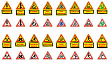 Set Of Triangle Hazard Warning Signs 1 - With Editable Text Boxes Or Isolated Icons - Non Official - Cartoon Calligraphic Handwritten Style