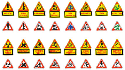 Set of Triangle Hazard Warning Signs 1 - With editable text boxes or isolated icons - Non official - Cartoon Calligraphic Handwritten Style