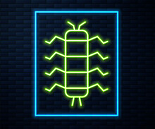 Glowing Neon Line Centipede Insect Icon Isolated On Brick Wall Background. Vector