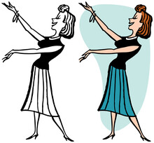 A Vintage Retro Cartoon Of A Woman Presenting Something To The Left. 
