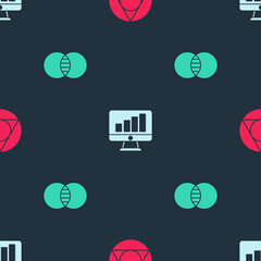 Sticker - Set Triangle math, Computer monitor with graph chart and Mathematics sets A and B on seamless pattern. Vector