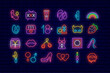 Sex shop neon icon set. Adult only accessories. Intimate store. Simple logotype design. Vector stock illustration