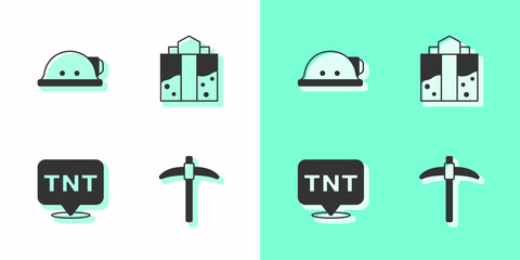 Sticker - Set Pickaxe, Miner helmet, Dynamite and entrance icon. Vector