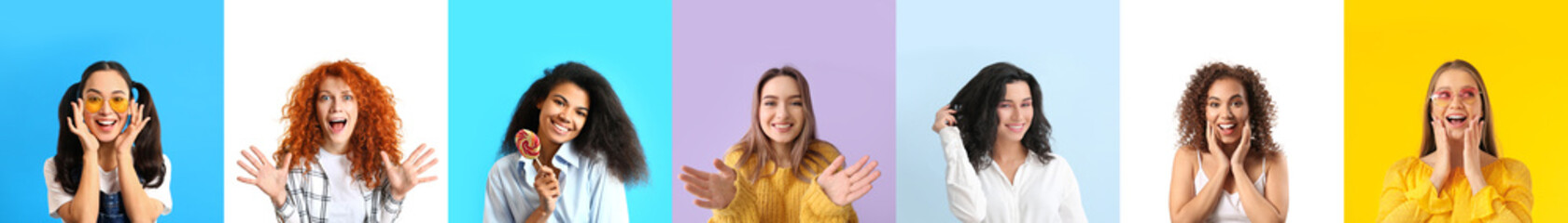 Wall Mural - Different happy young women on color background with space for text