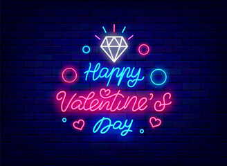 Wall Mural - Happy Valentines Day neon greeting card. Outer glowing effect lettering. Romantic holiday concept. Vector illustration