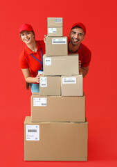 Sticker - Couriers with many parcels on color background