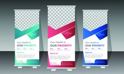 Wall Mural - Medical Roll-Up Banner Design Template for Healthcare with three different gradient colors. Vertical, roll-up template, banner stand, or flag design template.