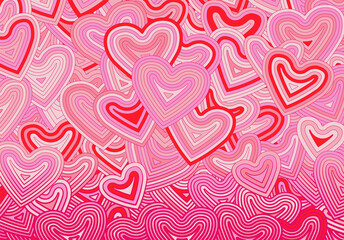 Wall Mural - Valentine's Day greeting card template or background with hearts and line ornament. Retro fashion hippie psyhedelic design.