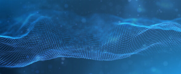 Wall Mural - abstract blue particle background. flow wave with dot landscape. digital data structure. future mesh