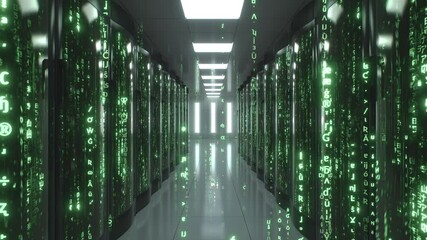 Wall Mural - Working data center full of rack servers with Matrix style code