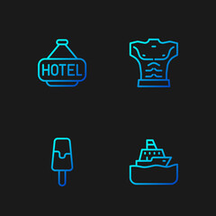 Sticker - Set line Cruise ship, Ice cream, Signboard with text Hotel and Bodybuilder muscle. Gradient color icons. Vector