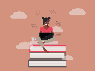 A young African American girl sits on a pile of books and uses a laptop. The concept of online learning and education, trainings. Pink background with clouds. 