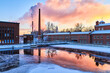 Tampere Tammerkoski rapids and old brick buildings at winter