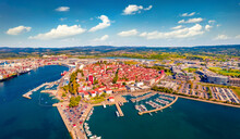 Incredible Summer View From Flying Drone Of Koper Port. Aerial Outdoor Scene Of Adriatic Coastline, Slovenia, Europe. Stunning Mediterranean Seascape. Traveling Concept Background.
