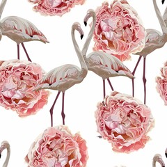 Wall Mural - Flamingo on a white background, jungle. Seamless pattern with flamingos and pink garden roses.  Colorful pattern for textile, cover, wrapping paper, web.