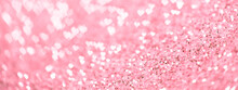 Valentines Day Web Banner Or Pink Sparkle Background With Glittering Hearts Bokeh.