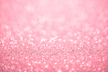 Wall Mural - Pink romantic background with hearts, bokeh for Valentines day, glittering sparkles