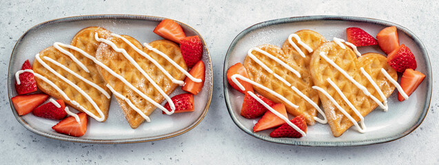 Wall Mural - Belgian waffles in shape of heart with strawberries for Valentine day breakfast