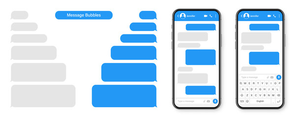 Realistic smartphone with messaging app. Blank SMS text frame. Conversation chat screen with blue message bubbles. Social media application. Vector illustration.