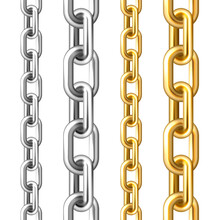 Realistic Seamless Golden And Silver Chains Isolated On White Background. Metal Chain With Shiny Gold Plated Links. Vector Illustration.