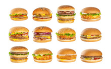 Collage Of 12 Delicious Burgers. Classic Burger, Cheeseburger, Fish Burger, Bacon Burger, Chicken Burger, Double Bacon Burger. Isolated On A White Background.