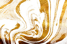 Golden Swirl, Artistic Design. Suminagashi – The Ancient Art Of Japanese Marbling. Paper Marbling Is A Method Of Aqueous Surface Design. White And Gold Paper Texture. 