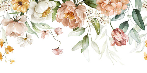 Wall Mural - Bouquet border - green leaves and blush pink flowers on white background. Watercolor hand painted seamless border. Floral illustration. Foliage pattern.
