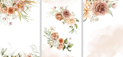 Wall Mural - Watercolor floral illustration bouquet set - collection of green blush blue yellow pink frame, border, bouquet; wedding stationary, greetings, wallpaper, fashion, posters, background. Leaves, rose.
