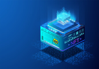 Wall Mural - isometric nтае with blockchain technology. blockchain technology in digital crypto art. digital data