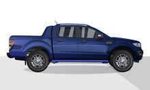 Blue Pickup Truck ,White Background, Side View