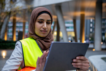 UK, London, Female engineer in hijab and hardhat using digital tablet