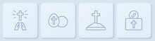 Set Line Hands In Praying Position, Grave With Cross, Easter Egg And Donation For Church. White Square Button. Vector