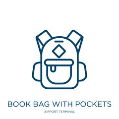 book bag with pockets icon from airport terminal collection. Thin linear book bag with pockets, pocket, bag outline icon isolated on white background. Line vector book bag with pockets sign, symbol