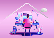 Work From Home Concept Young Man Freelancers Working On Laptops At Home People At Home In Quarantine Pink Background Back View Staying At Home Vector Illustration Flat Design Character