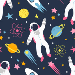 vector seamless pattern on the theme of space. pattern in flat style with stars, astronauts, planets, rockets, comets, asteroids. for printing on fabric, clothing, wrapping paper