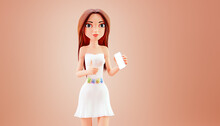Cute Cartoon Woman In A Dress Holds A Smartphone And Shows A Empty Screen, 3d Rendering. Portrait Of A Young Woman Showing A Thumbs Up.