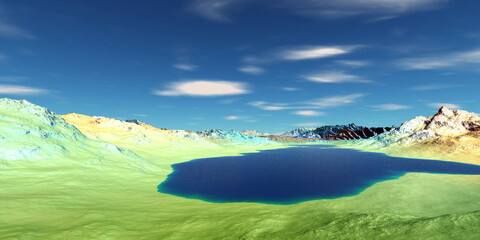 Wall Mural - alien planet. mountain and lake. 3d rendering