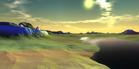 Wall Mural - alien planet. mountain and lake. 3d rendering
