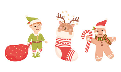 Poster - Cute Elf with Red Sack and Kitten Sitting in Stocking as New Year Character Vector Set