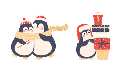 Canvas Print - Cute Penguin as New Year Character in Hat and Scarf Hugging and Standing Near Pile of Gift Box Vector Set