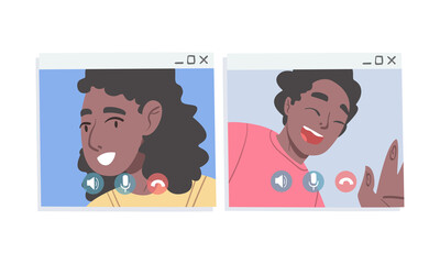 Sticker - Video Conference Screen with Man and Woman Calling Friend and Communicating Via Internet App Vector Set